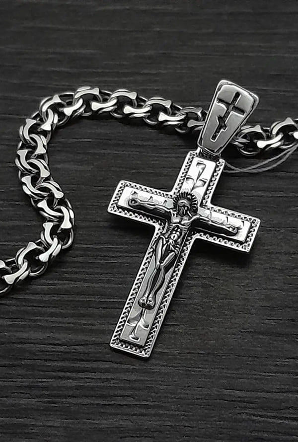 Срібний православний хрестик та срібний ланцюжок бісмарк Козацький 925 проби з чорнінням