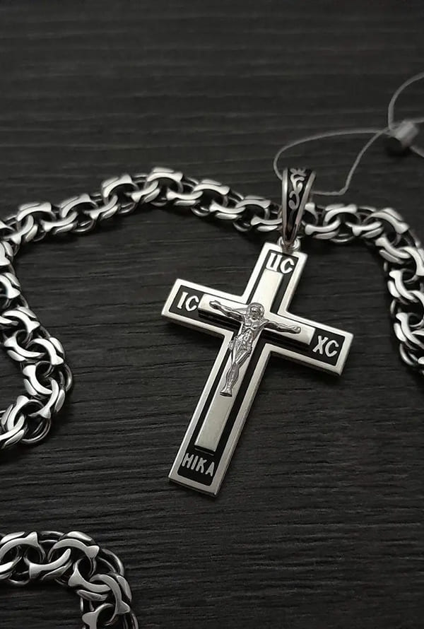 Срібний православний хрестик і срібний ланцюжок бісмарк Казацький 925 проби з чорнуванням