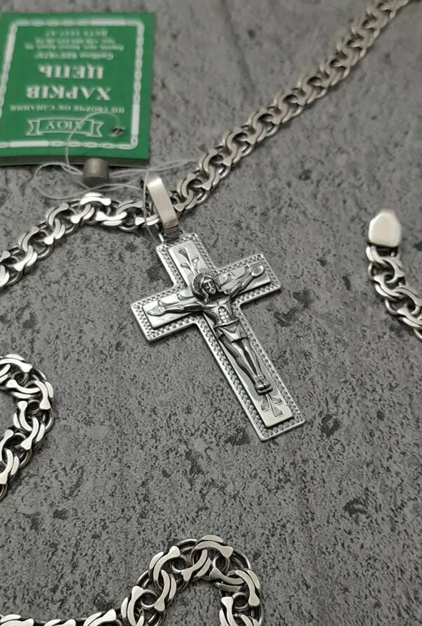 Срібний ланцюжок бісмарк та срібний хрестик 925 проби