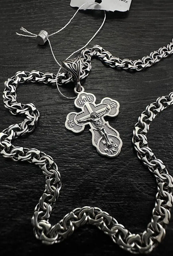 Срібний ланцюжок бісмарк і срібний православний хрестик 925 проби