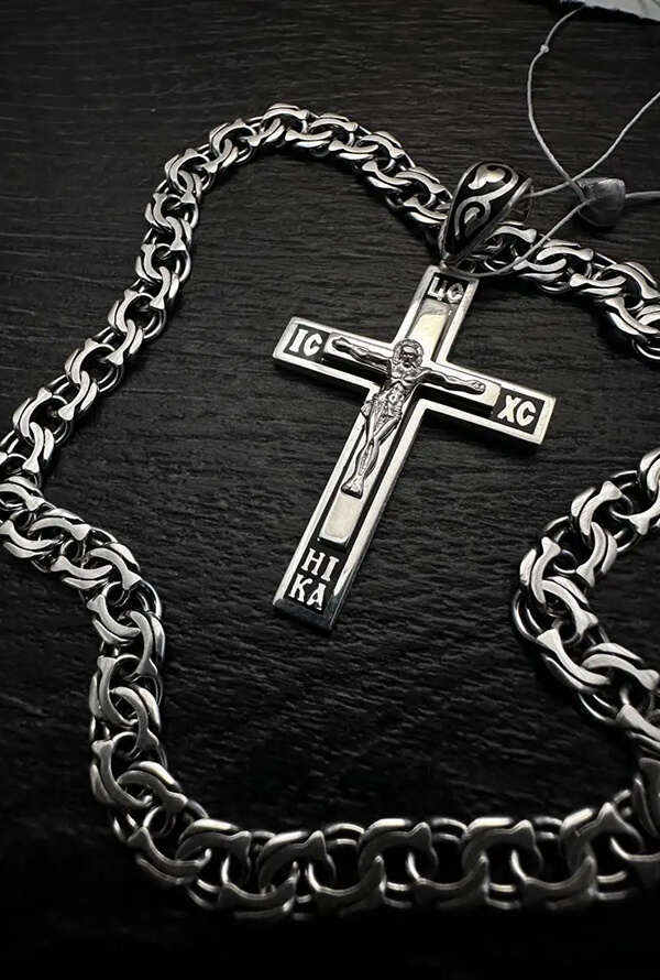 Срібний ланцюжок бісмарк і срібний православний хрестик з емаллю