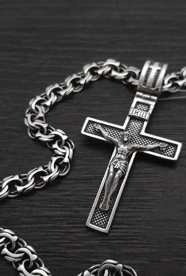 Срібний православний хрестик і срібний ланцюжок бісмарк Козацький 925 проби з чорнуванням
