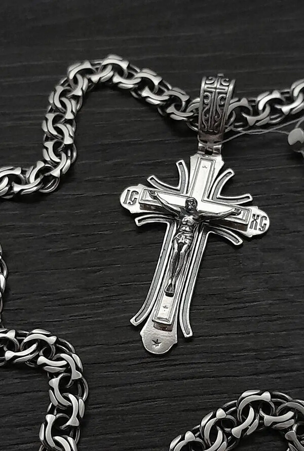 Срібний православний хрестик і срібний ланцюжок бісмарк Казацький 925 проби з чорнуванням