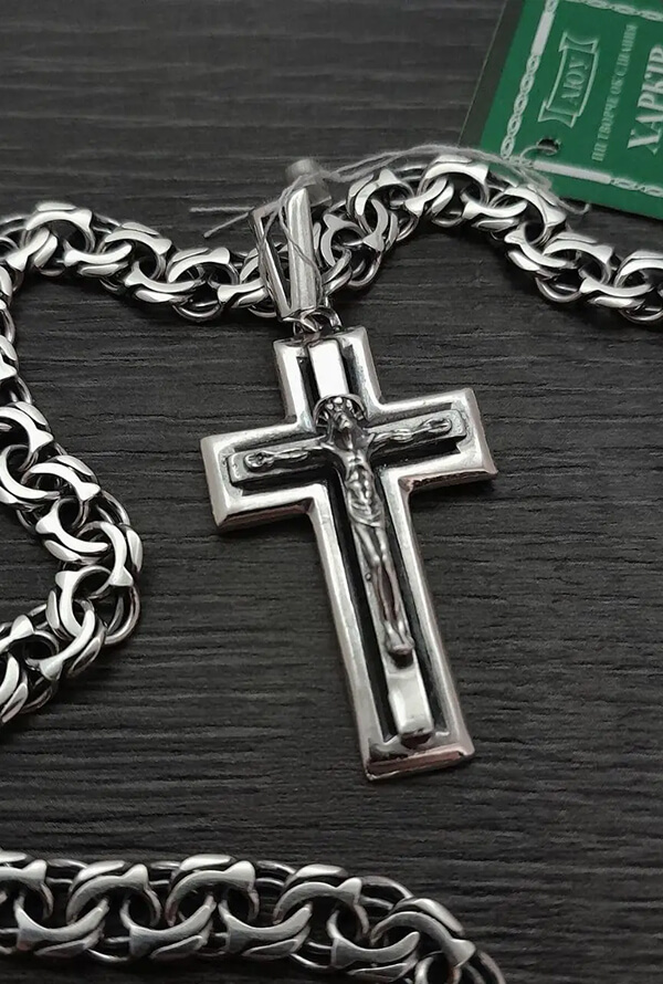 Срібний православний хрестик і срібний ланцюжок бісмарк Козацький 925 проби з чорнуванням