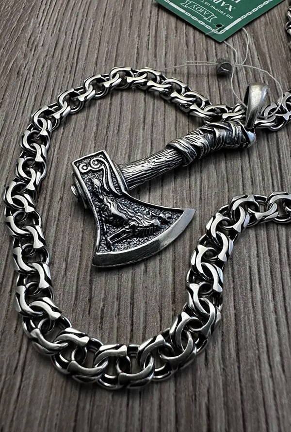 Срібний ланцюжок бісмарк і срібний оберіг Скандинавська бойова сокира 925 проби