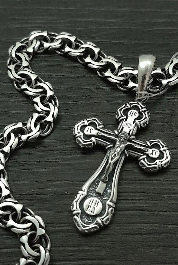 Срібний православний хрестик і срібний ланцюжок бісмарк Козацький 925 проби з чорнуванням